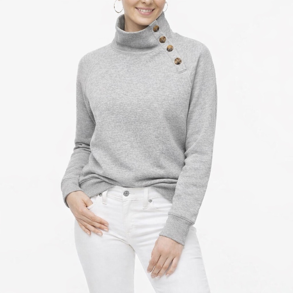 J. Crew Light Gray Cowl Neck Sweatshirt Button Accents Medium Capsule Staple